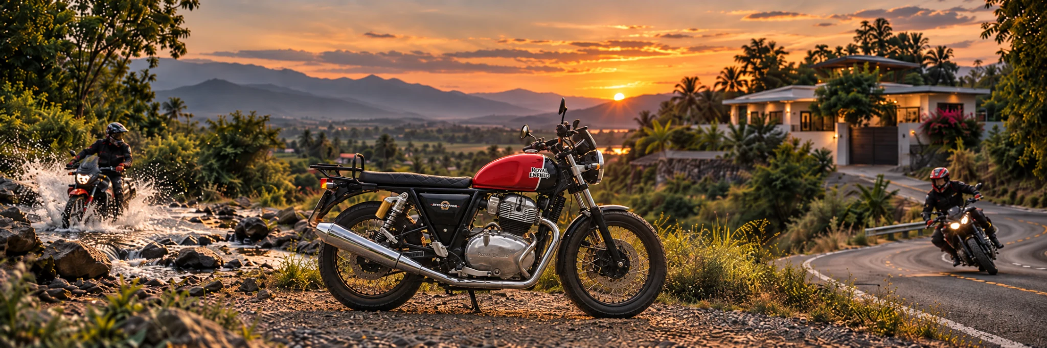 Motorcycles in a tropical Thailand mountain landscape at sunset